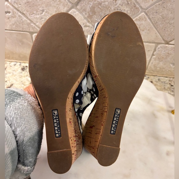 Sperry Polka Dot Bow Open Toe Cork Heel Wedge - Picture 13 of 16